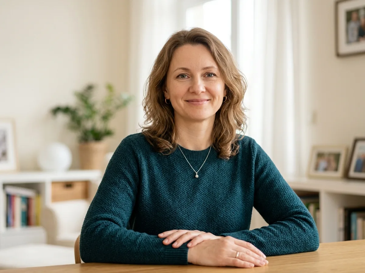 Козлова Ирина, мама ученицы 9 класса, портрет, спокойная уверенная женщина, светлый фон